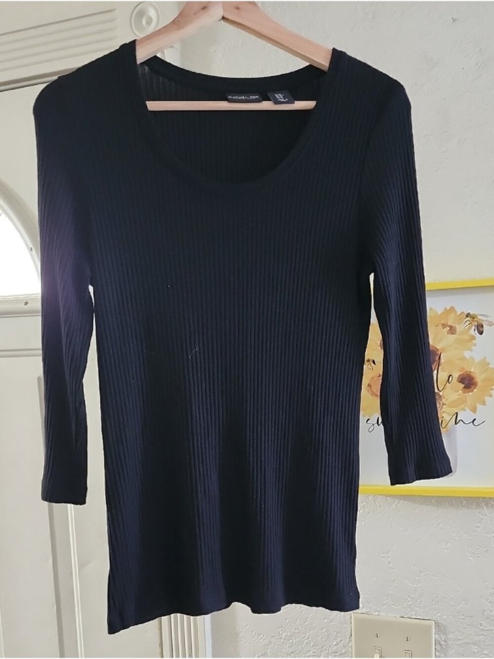 Rachel Zoe Black Ribbed Scoop Neck 3/4 Sleeve Top Sz M Super Soft Modal